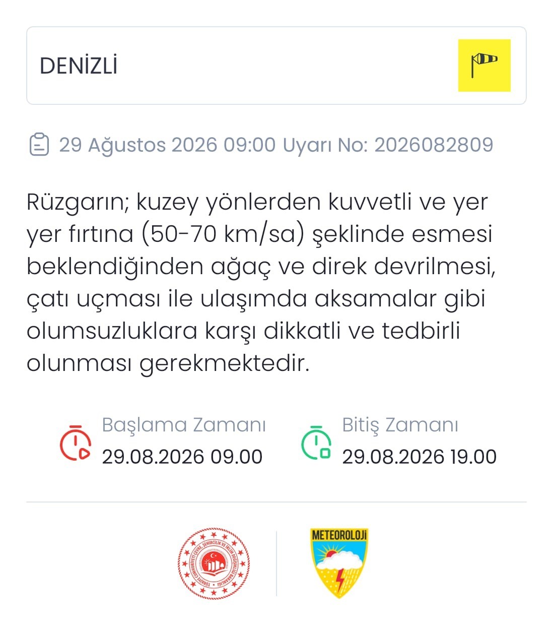 Denizli için kuvvetli rüzgar ve fırtına uyarısı