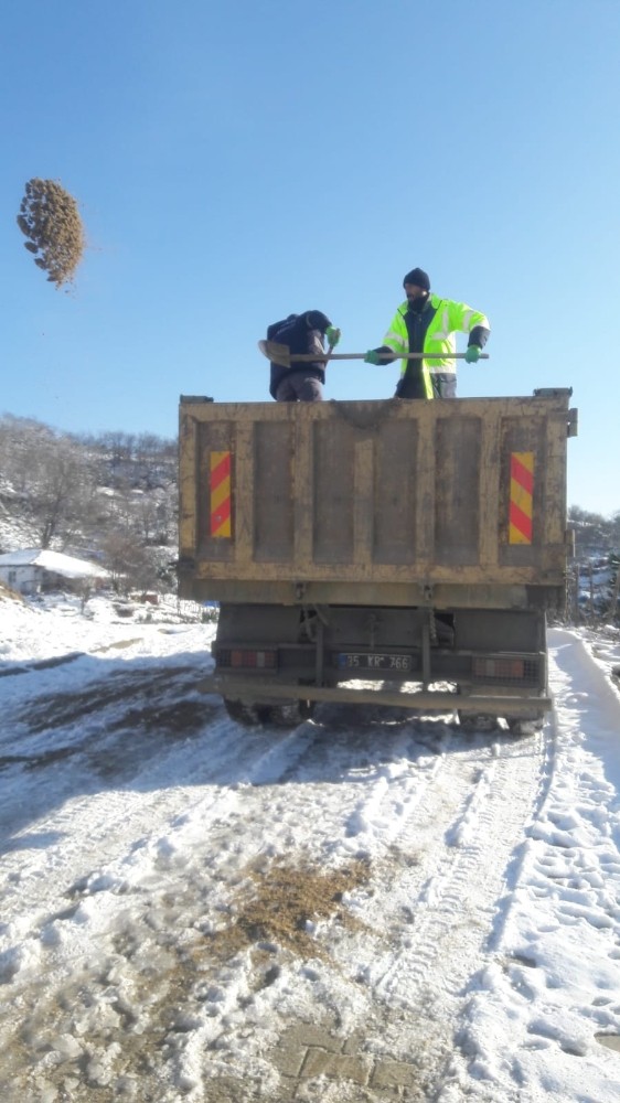 Süt için karlı yollar tuzlandı